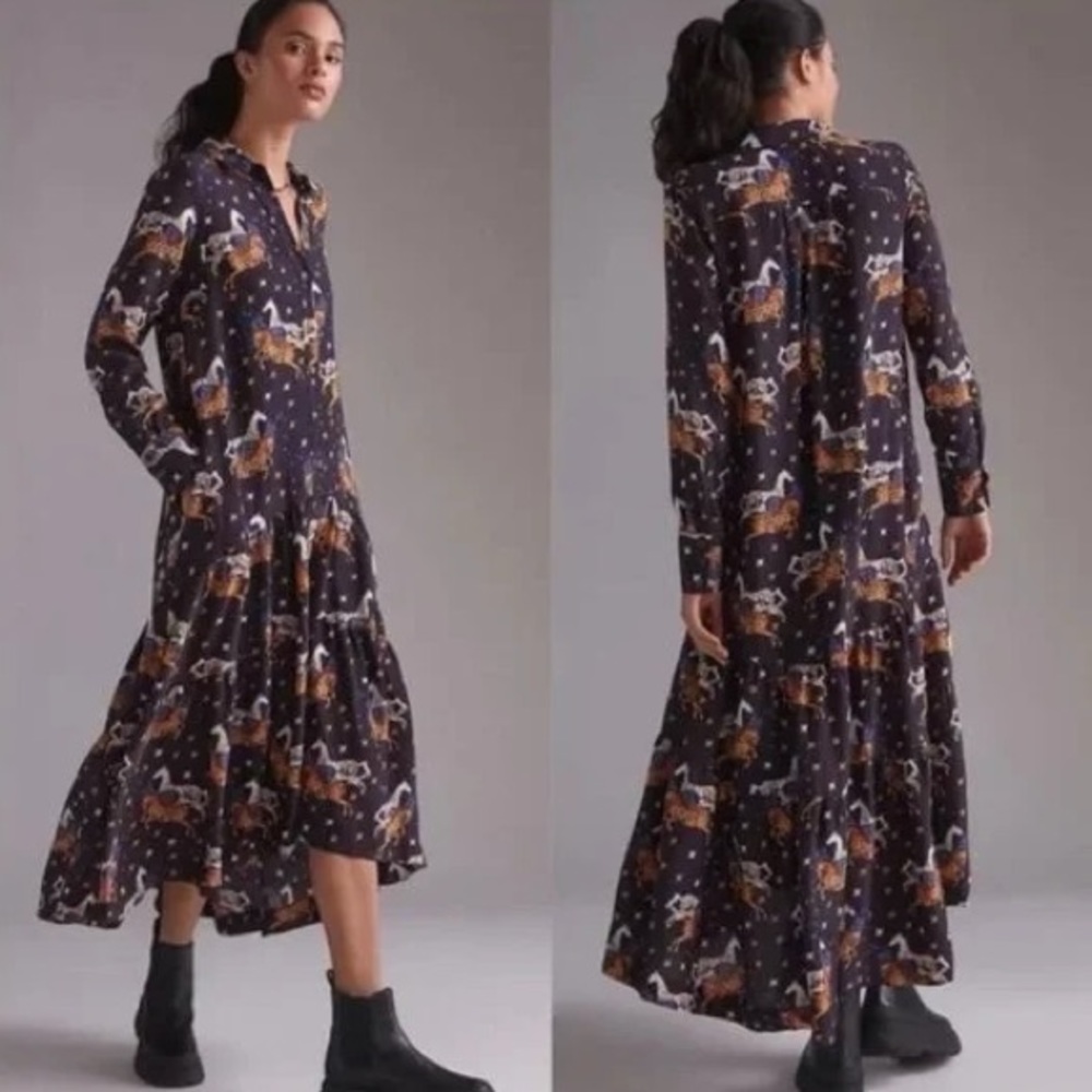 Anthropologie Maxi Shirtdress Horse Print Medium